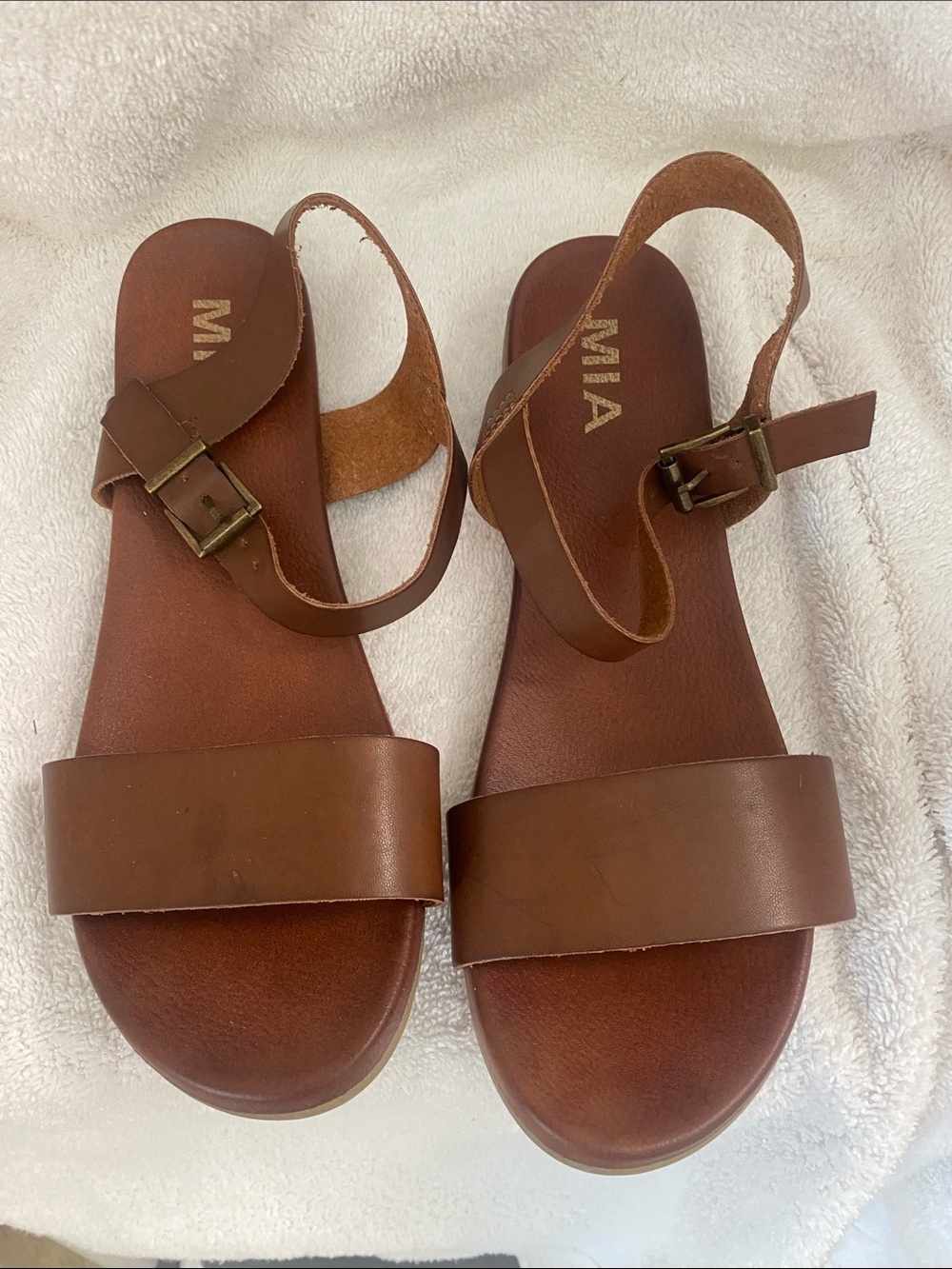 MIA Cognac Brown Leather Ankle-Strap Sandals